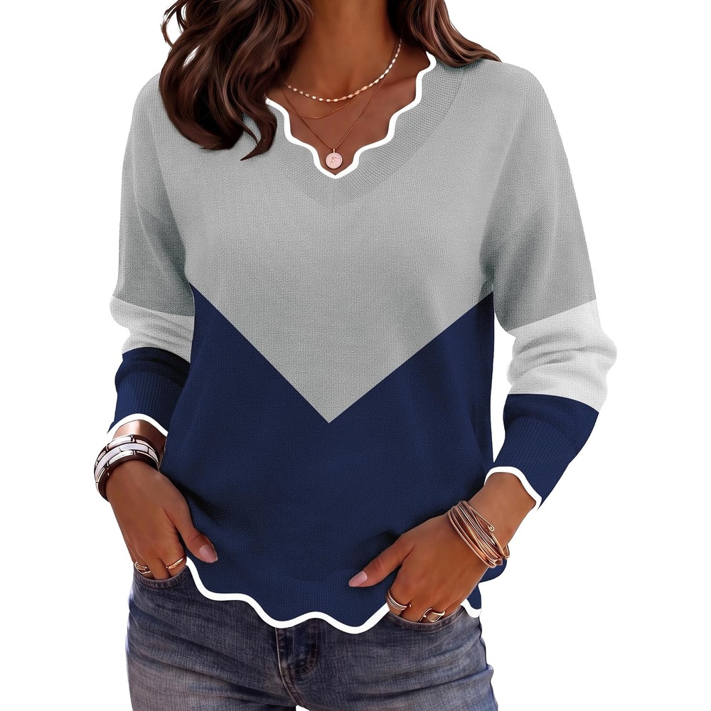 image:imageZeagoo Womens 2026 Fall V Neck Sweater Long Sleeve Lightweight Knit TopsY Grey Navy