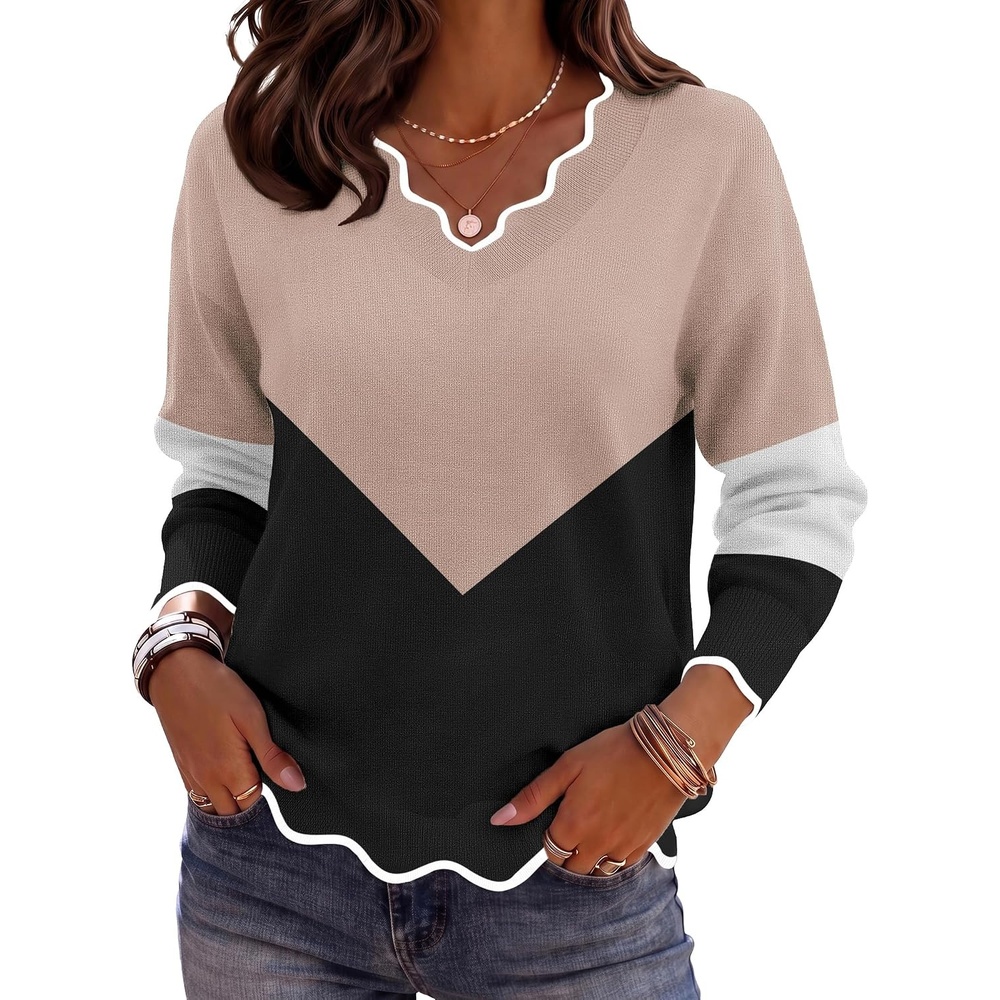 image:imageZeagoo Womens 2026 Fall V Neck Sweater Long Sleeve Lightweight Knit TopsY Khaki Black