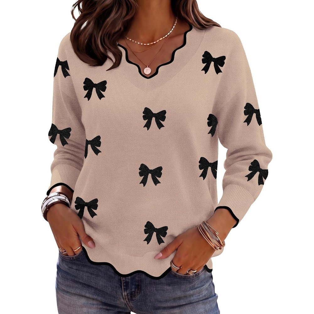 image:imageZeagoo Womens 2026 Fall V Neck Sweater Long Sleeve Lightweight Knit TopsZ Bow Khaki