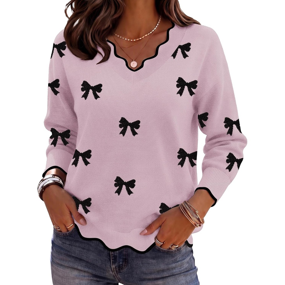 image:imageZeagoo Womens 2026 Fall V Neck Sweater Long Sleeve Lightweight Knit TopsZ Bow Pink