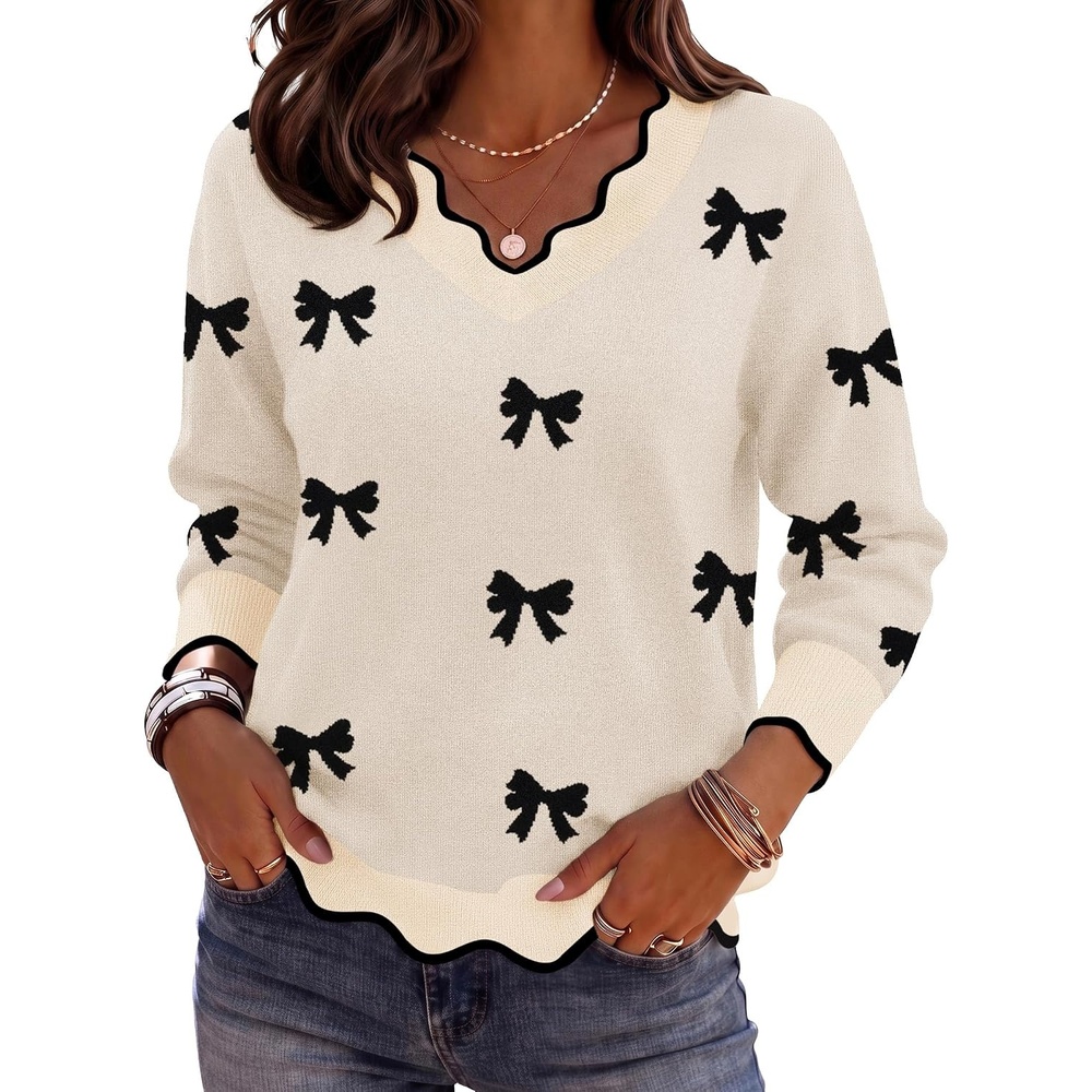 image:imageZeagoo Womens 2026 Fall V Neck Sweater Long Sleeve Lightweight Knit TopsZ Bow Black