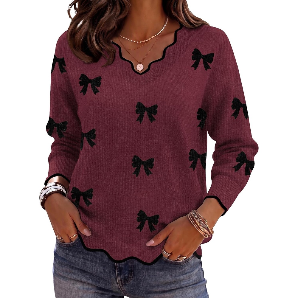 image:imageZeagoo Womens 2026 Fall V Neck Sweater Long Sleeve Lightweight Knit TopsZ Bow Burgundy