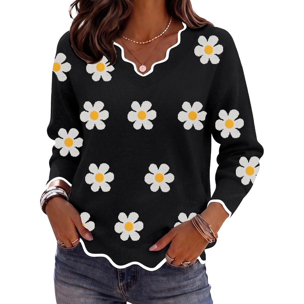 image:imageZeagoo Womens 2026 Fall V Neck Sweater Long Sleeve Lightweight Knit TopsZ Flower Black