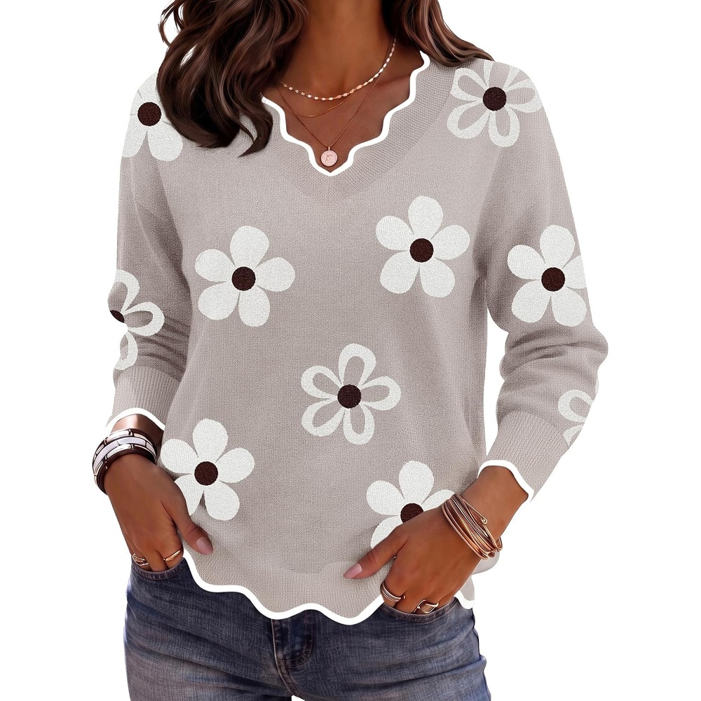 image:imageZeagoo Womens 2026 Fall V Neck Sweater Long Sleeve Lightweight Knit TopsZ Flower White