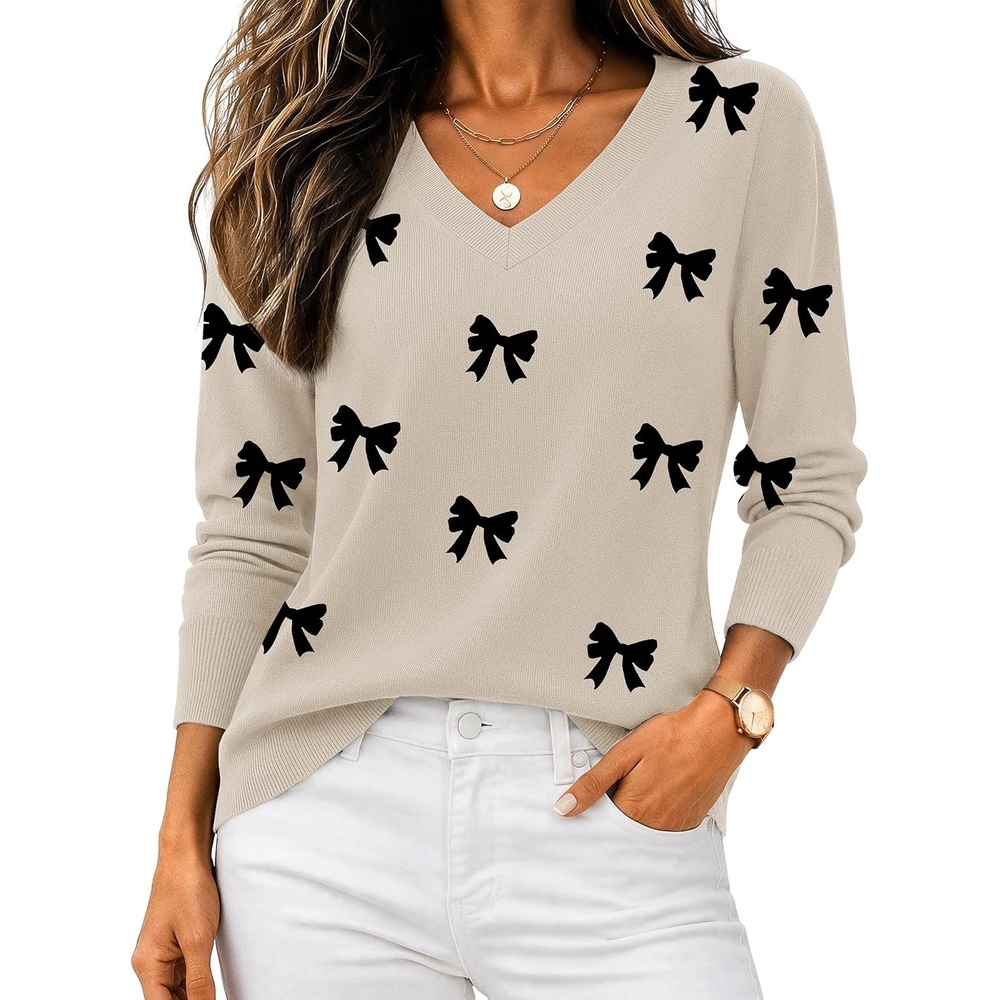 image:imageZeagoo Womens 2026 Fall V Neck Sweaters Long Sleeve Tops Fashion ClothingBowknot Apricot