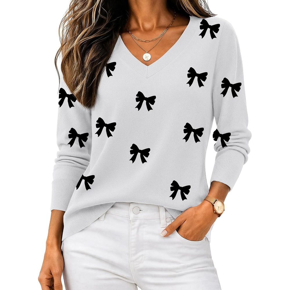 image:imageZeagoo Womens 2026 Fall V Neck Sweaters Long Sleeve Tops Fashion ClothingBowknot White
