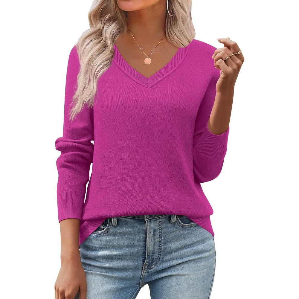 image:imageZeagoo Womens 2026 Fall V Neck Sweaters Long Sleeve Tops Fashion ClothingHot Pink