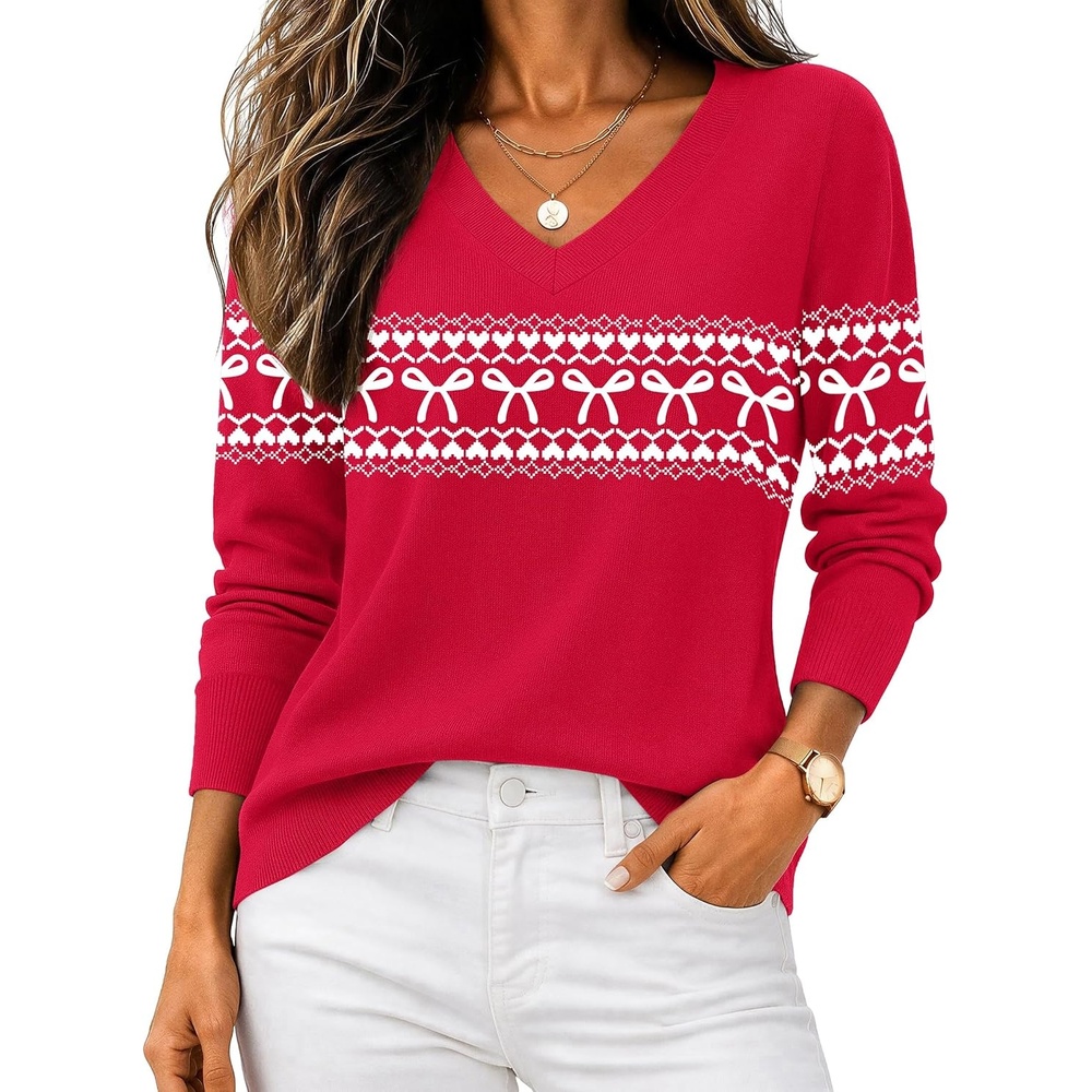 image:imageZeagoo Womens 2026 Fall V Neck Sweaters Long Sleeve Tops Fashion ClothingWj111bowknot Red