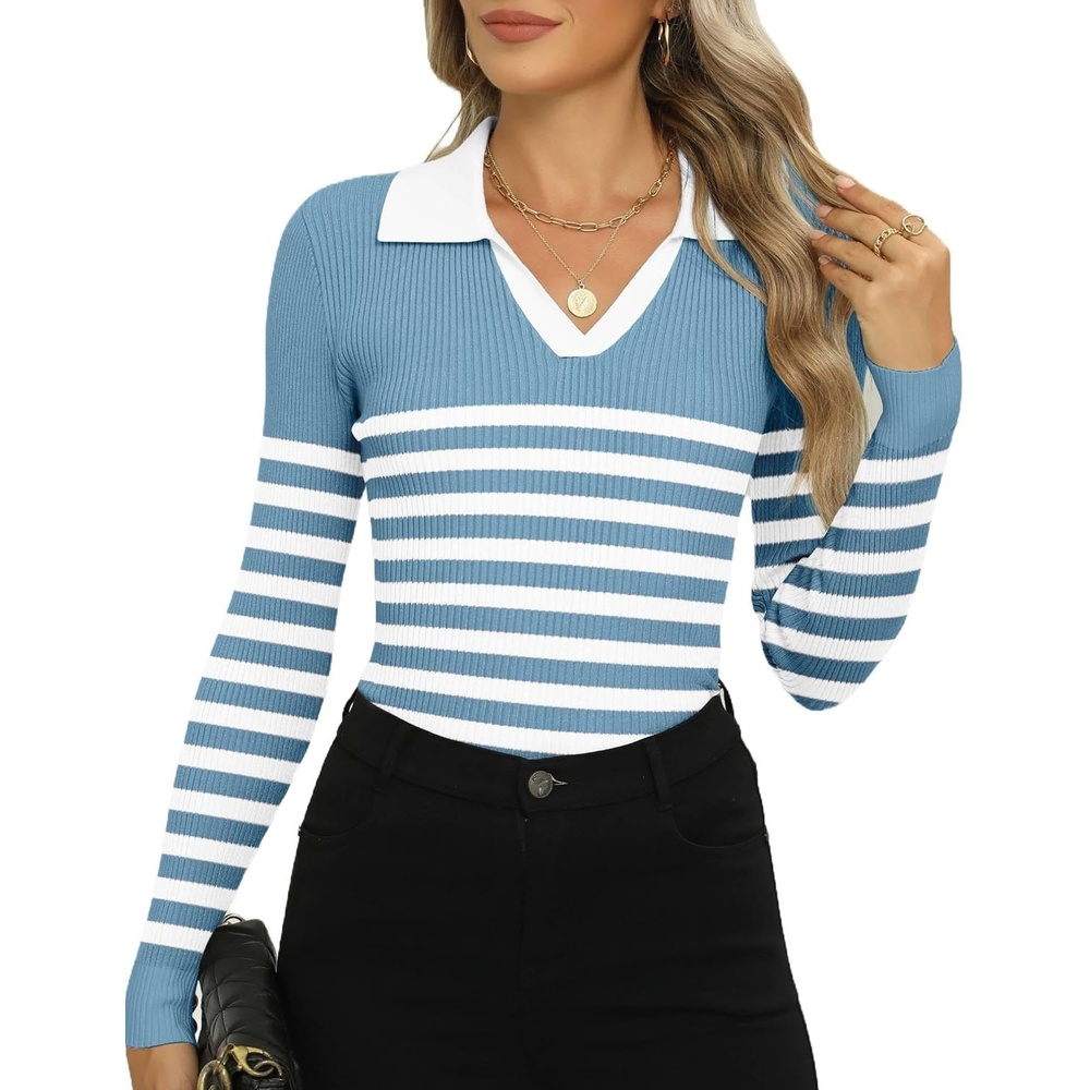 image:imageZeagoo Womens 2026 Sweater Tops Long Sleeve V Neck Ribbed Knit Slim Fitted Casual Work Basic Shirts SXXLBlue White Stripe