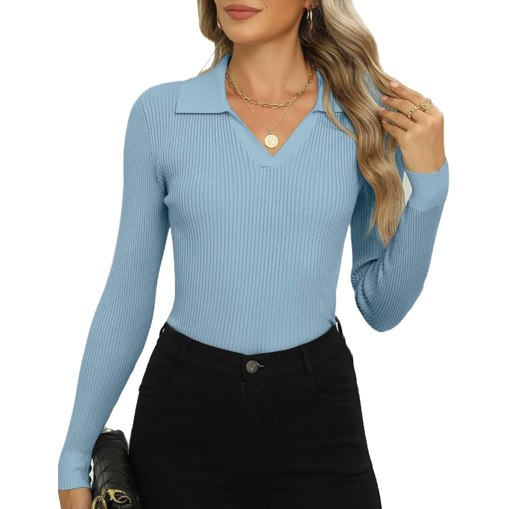 image:imageZeagoo Womens 2026 Sweater Tops Long Sleeve V Neck Ribbed Knit Slim Fitted Casual Work Basic Shirts SXXLClear Blue