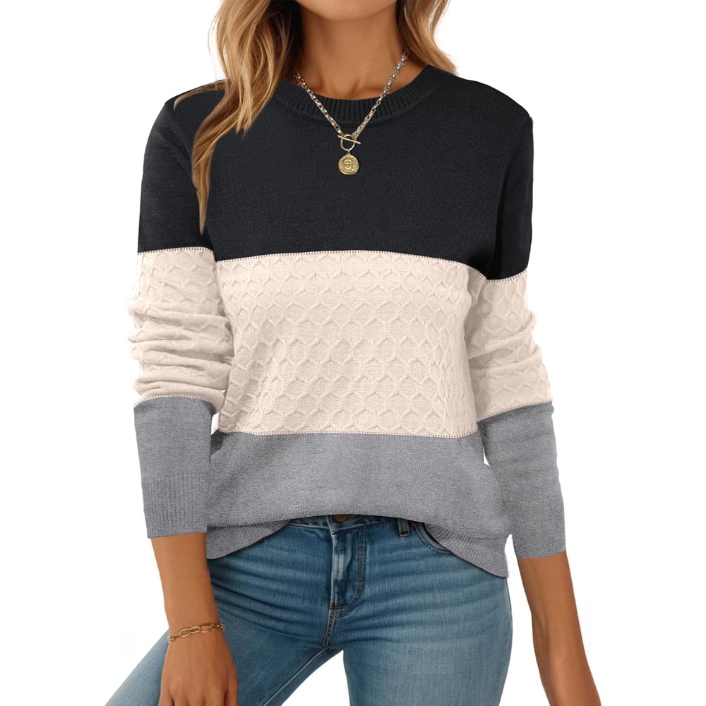 image:imageZeagoo Womens Fall Sweaters Long Sleeve Crew Neck Ribbed Knit Pullover TopsColorblock 558