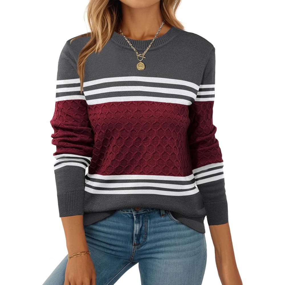 image:imageZeagoo Womens Fall Sweaters Long Sleeve Crew Neck Ribbed Knit Pullover TopsRed Black