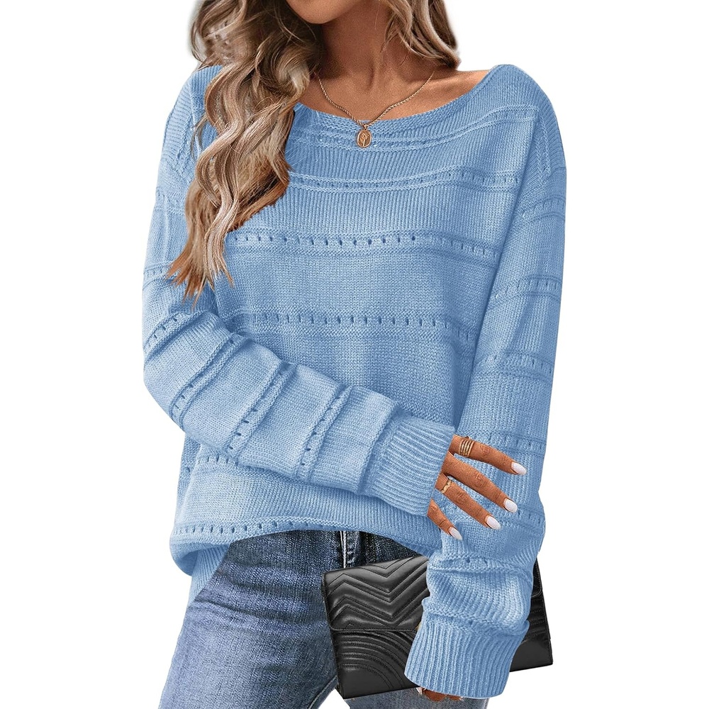 image:imageZeagoo Womens Sweaters Cute Long Sleeve Off The Shoulder Pullover Tops Hollow Out Crochet Dressy Casual OutfitsAbaby Blue