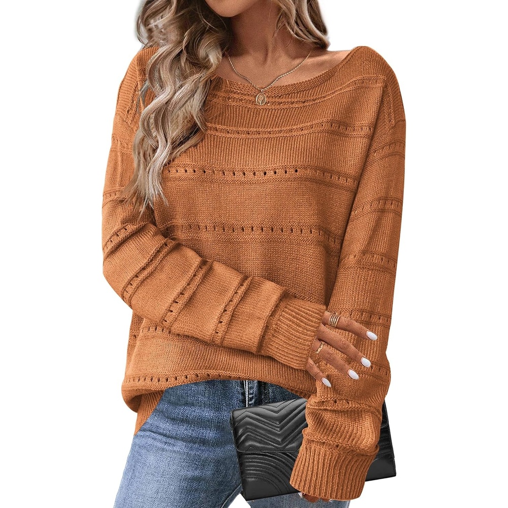 image:imageZeagoo Womens Sweaters Cute Long Sleeve Off The Shoulder Pullover Tops Hollow Out Crochet Dressy Casual OutfitsAbrown