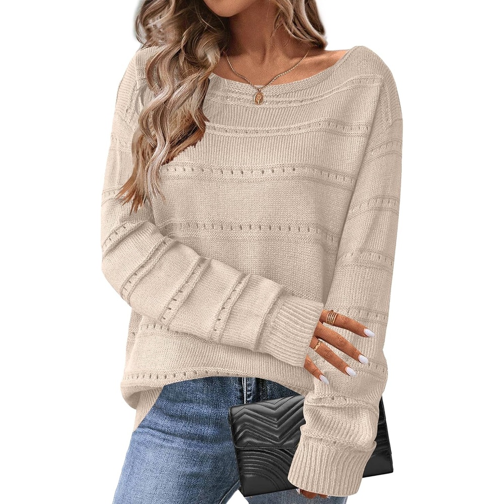 image:imageZeagoo Womens Sweaters Cute Long Sleeve Off The Shoulder Pullover Tops Hollow Out Crochet Dressy Casual OutfitsAdark Apricot