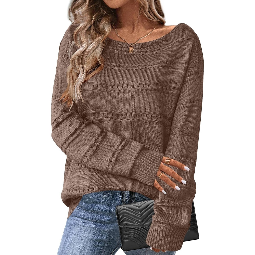 image:imageZeagoo Womens Sweaters Cute Long Sleeve Off The Shoulder Pullover Tops Hollow Out Crochet Dressy Casual OutfitsAdark Brown