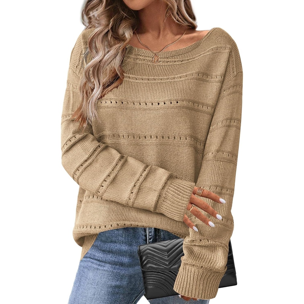 image:imageZeagoo Womens Sweaters Cute Long Sleeve Off The Shoulder Pullover Tops Hollow Out Crochet Dressy Casual OutfitsAkhaki