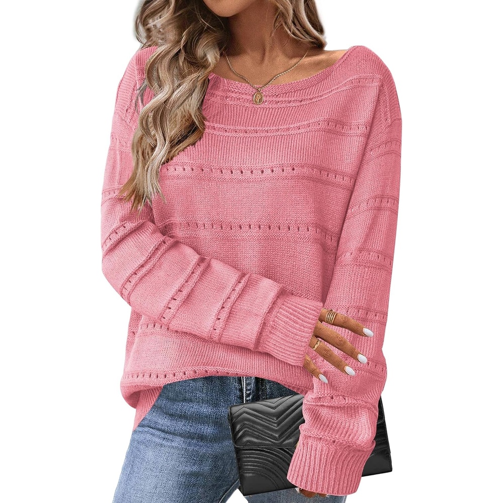 image:imageZeagoo Womens Sweaters Cute Long Sleeve Off The Shoulder Pullover Tops Hollow Out Crochet Dressy Casual OutfitsAlight Pink