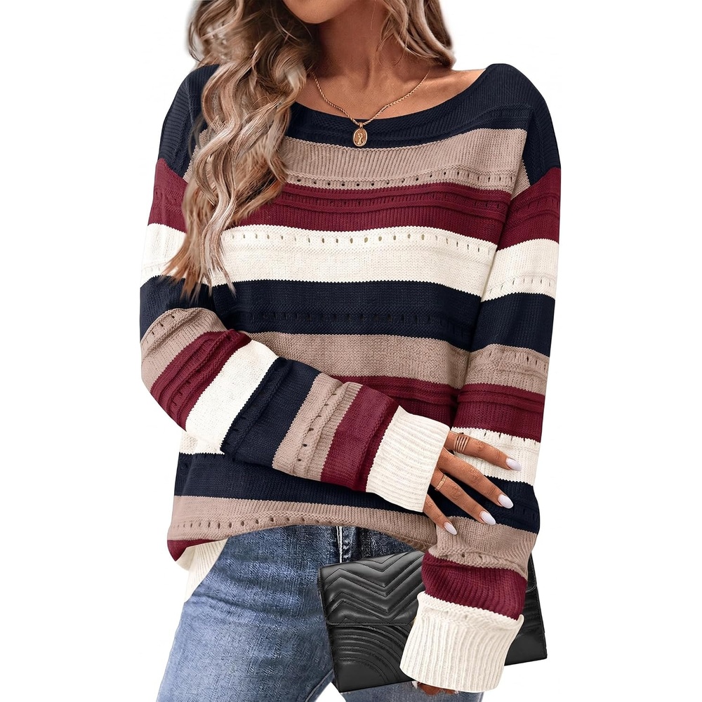 image:imageZeagoo Womens Sweaters Cute Long Sleeve Off The Shoulder Pullover Tops Hollow Out Crochet Dressy Casual OutfitsColorblock 229