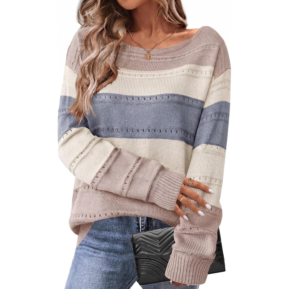 image:imageZeagoo Womens Sweaters Cute Long Sleeve Off The Shoulder Pullover Tops Hollow Out Crochet Dressy Casual OutfitsColorblock 537