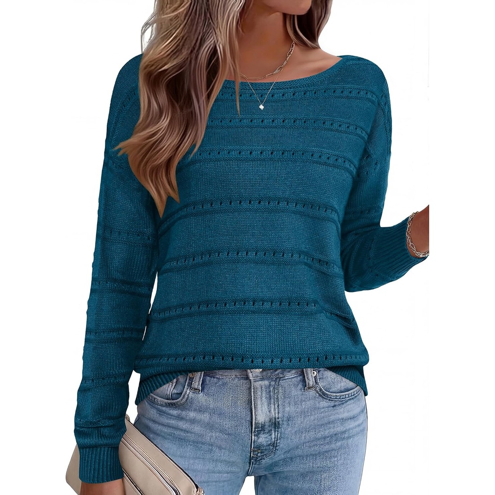image:imageZeagoo Womens Sweaters Cute Long Sleeve Off The Shoulder Pullover Tops Hollow Out Crochet Dressy Casual OutfitsLake Blue