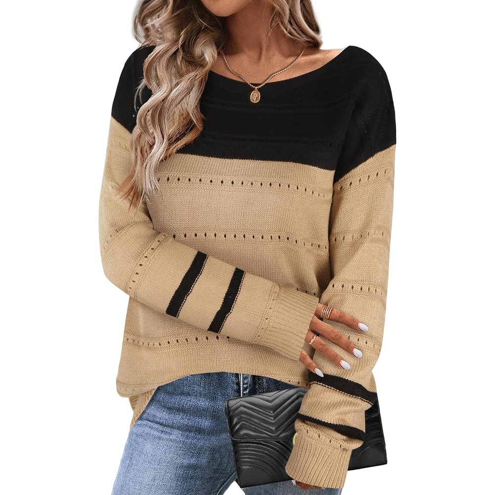 image:imageZeagoo Womens Sweaters Cute Long Sleeve Off The Shoulder Pullover Tops Hollow Out Crochet Dressy Casual OutfitsMocha Brownblack
