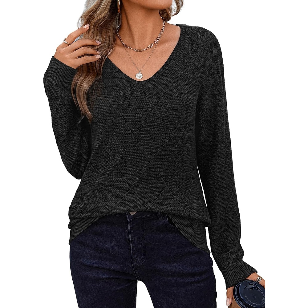 image:imageZeagoo Womens Sweaters Fall 2026 Long Sleeve Knit Pullover V Neck Lightweight Crochet Sweater Tops Dressy CasualBlack