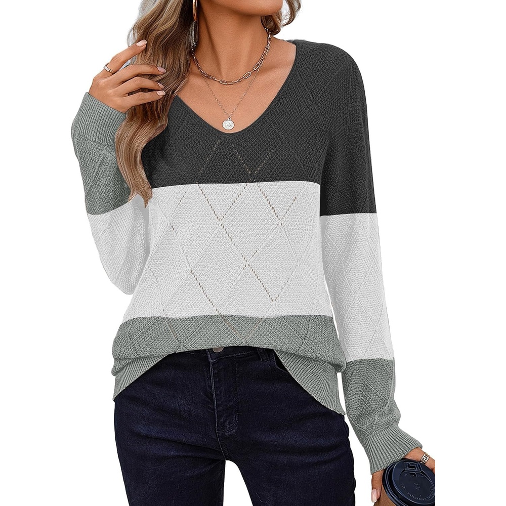 image:imageZeagoo Womens Sweaters Fall 2026 Long Sleeve Knit Pullover V Neck Lightweight Crochet Sweater Tops Dressy CasualColorblock Gray