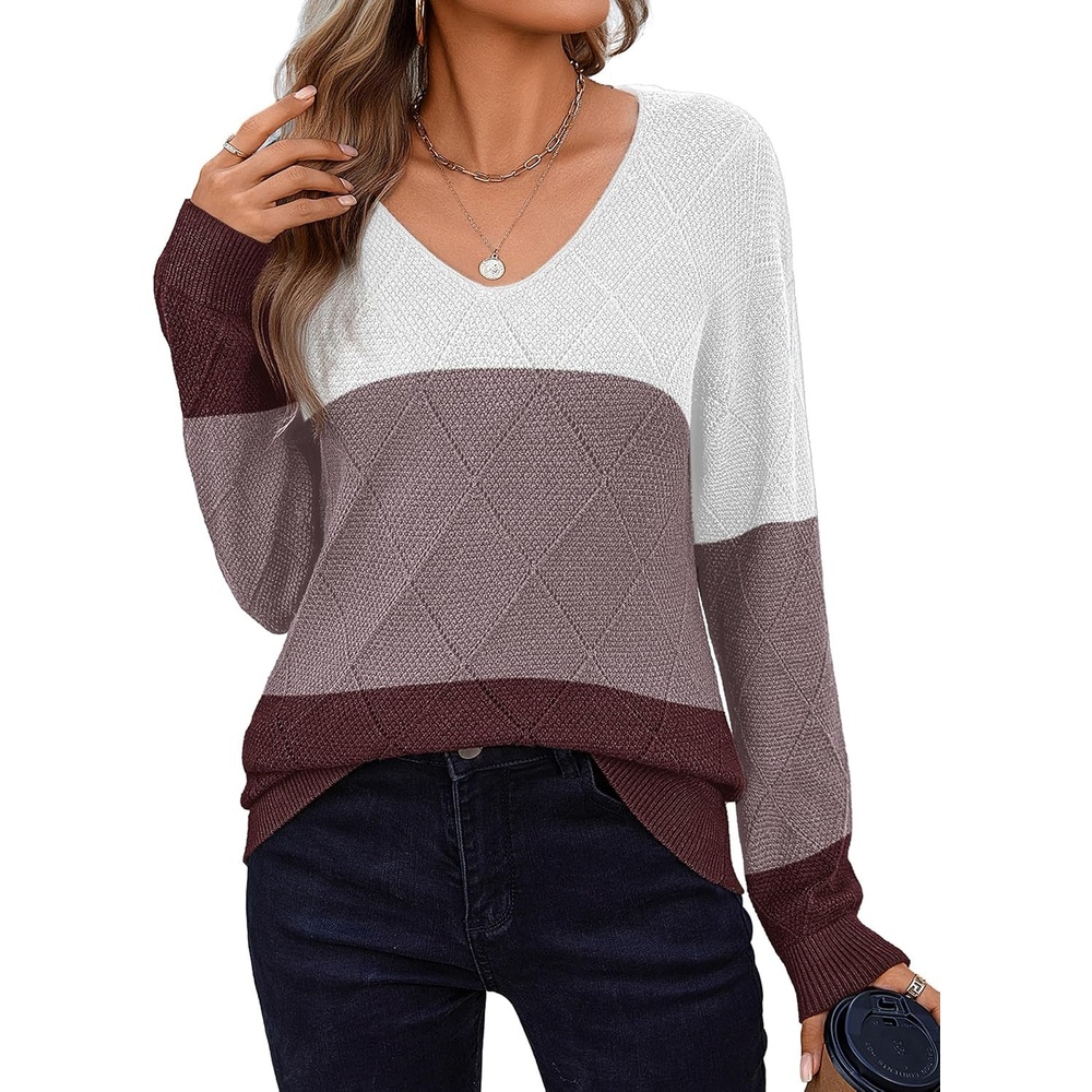 image:imageZeagoo Womens Sweaters Fall 2026 Long Sleeve Knit Pullover V Neck Lightweight Crochet Sweater Tops Dressy CasualColorblock Jh284