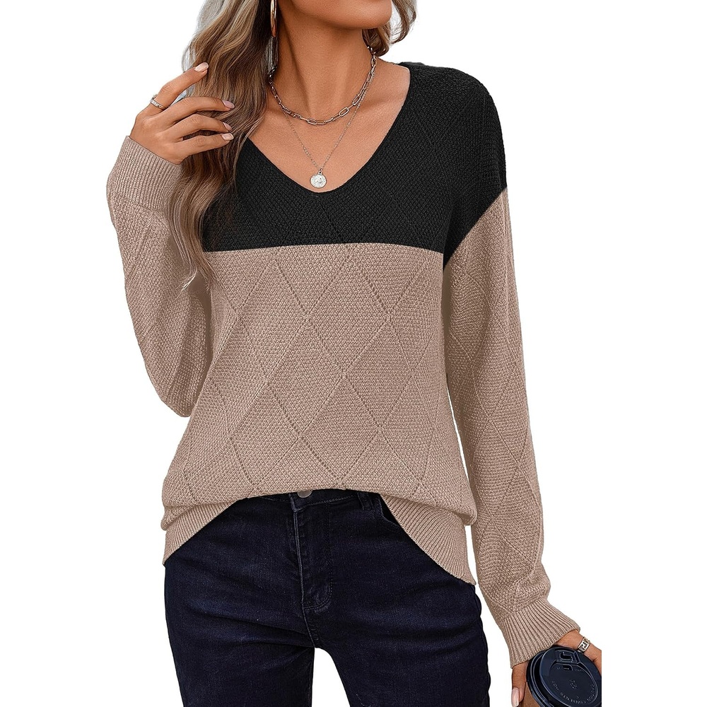 image:imageZeagoo Womens Sweaters Fall 2026 Long Sleeve Knit Pullover V Neck Lightweight Crochet Sweater Tops Dressy CasualColorblock Jh395