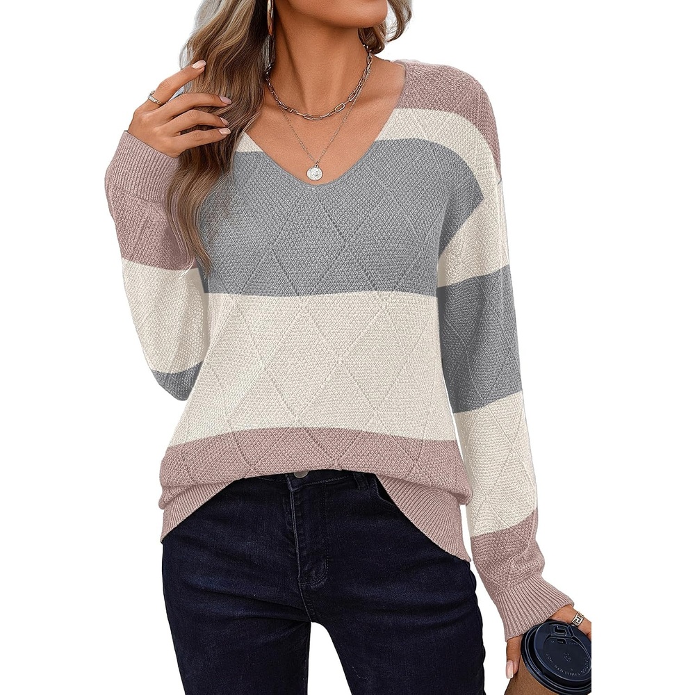 image:imageZeagoo Womens Sweaters Fall 2026 Long Sleeve Knit Pullover V Neck Lightweight Crochet Sweater Tops Dressy CasualColorblock Jh537