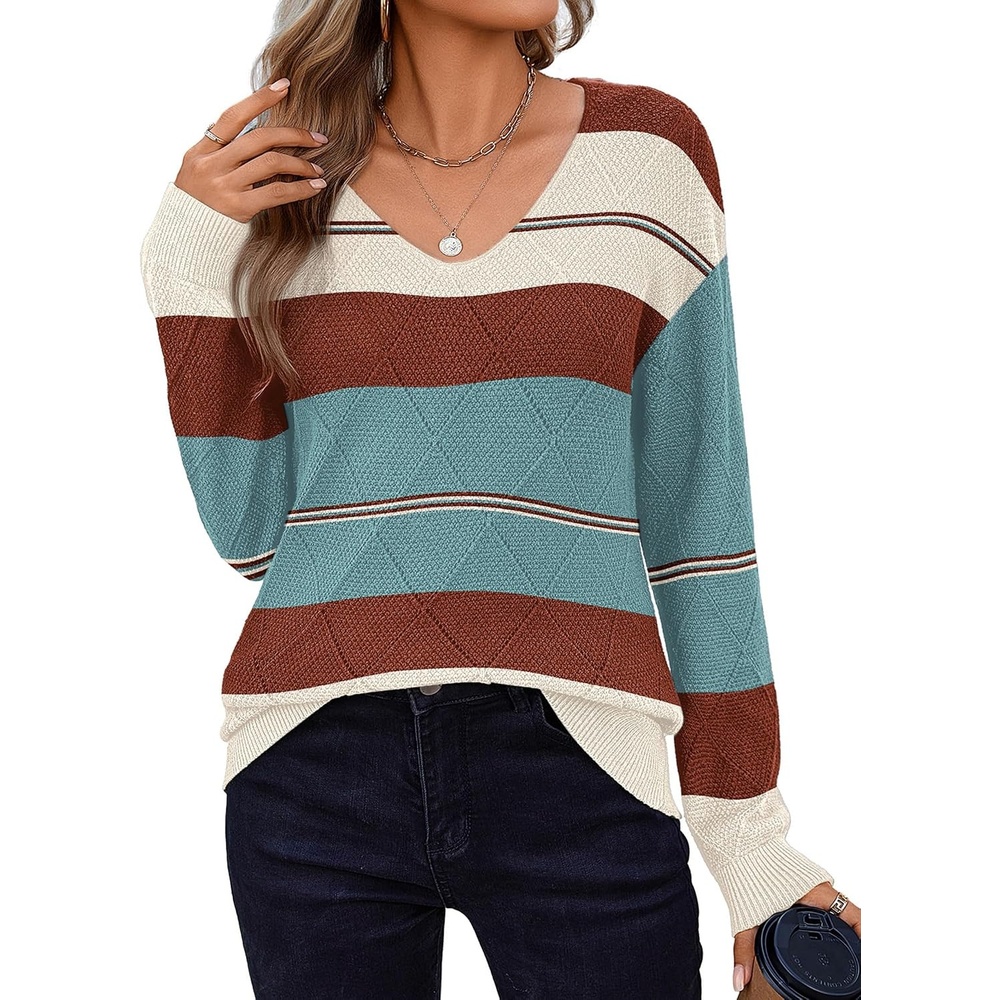 image:imageZeagoo Womens Sweaters Fall 2026 Long Sleeve Knit Pullover V Neck Lightweight Crochet Sweater Tops Dressy CasualColorblock Tz163