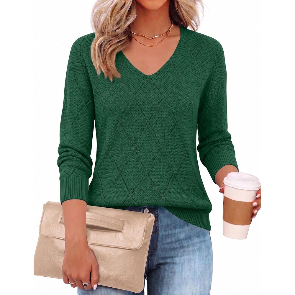 image:imageZeagoo Womens Sweaters Fall 2026 Long Sleeve Knit Pullover V Neck Lightweight Crochet Sweater Tops Dressy CasualGray Green
