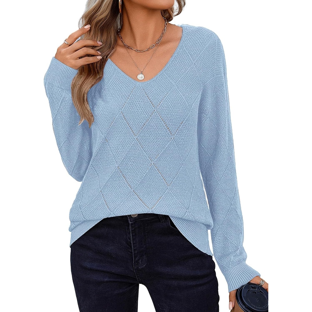 image:imageZeagoo Womens Sweaters Fall 2026 Long Sleeve Knit Pullover V Neck Lightweight Crochet Sweater Tops Dressy CasualLight Blue