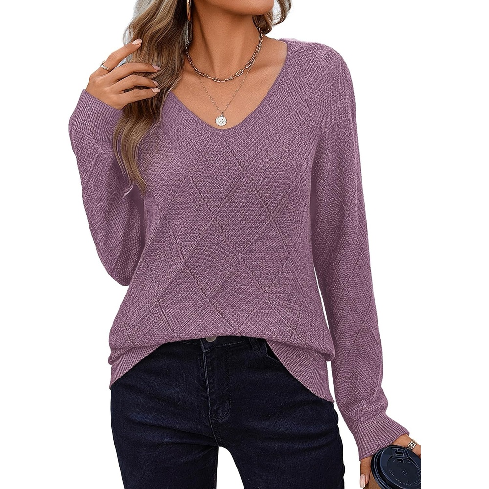 image:imageZeagoo Womens Sweaters Fall 2026 Long Sleeve Knit Pullover V Neck Lightweight Crochet Sweater Tops Dressy CasualPurple