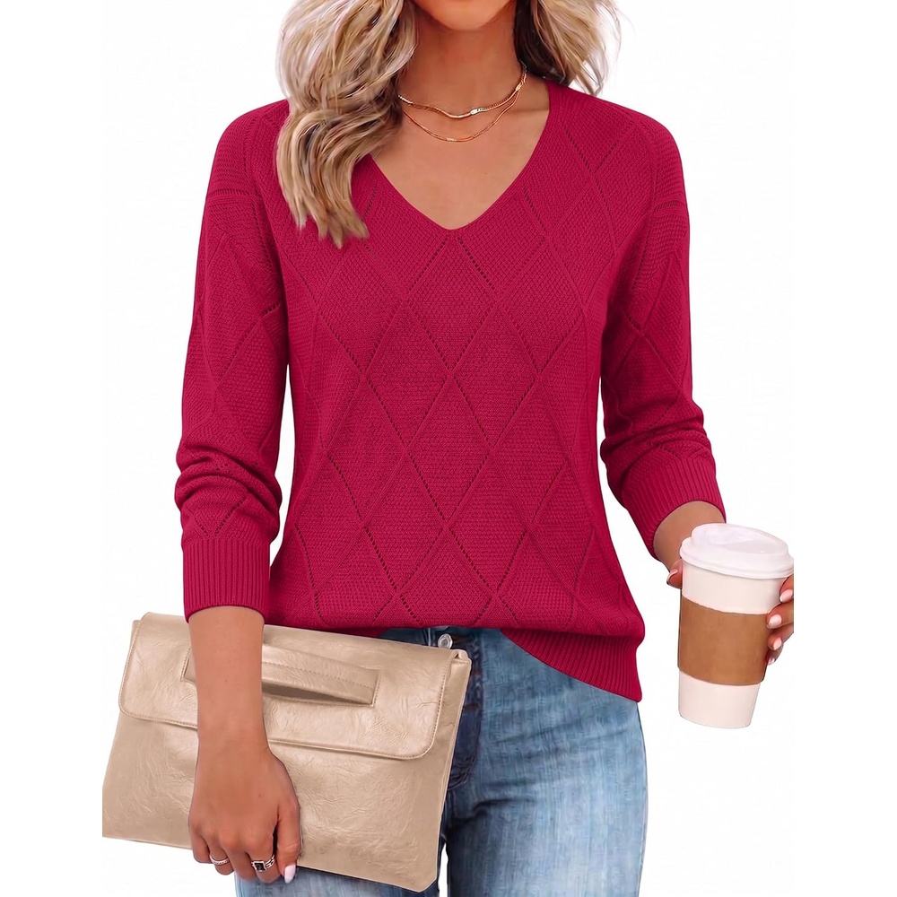 image:imageZeagoo Womens Sweaters Fall 2026 Long Sleeve Knit Pullover V Neck Lightweight Crochet Sweater Tops Dressy CasualRed