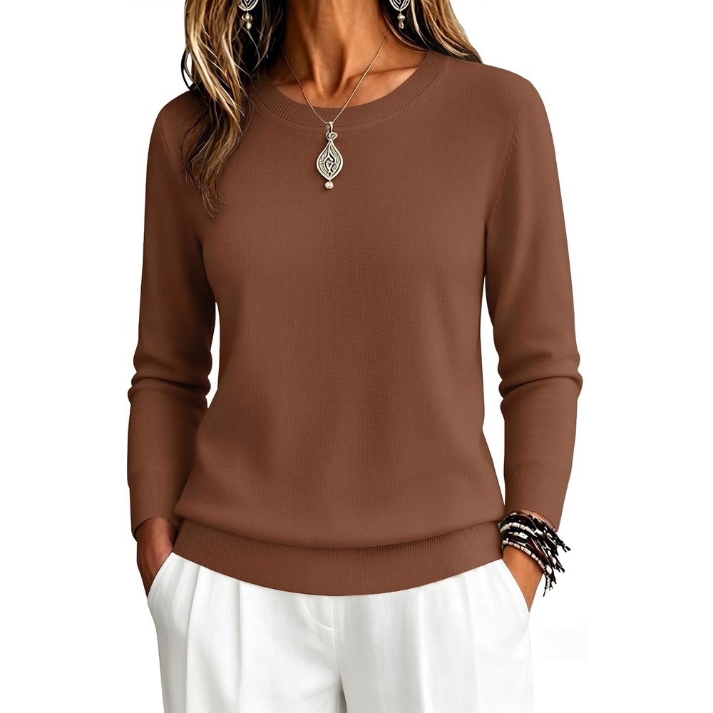 image:imageZeagoo Womens Sweaters Long Sleeve Tops Classic Fall Clothes Crewneck TopsBrown