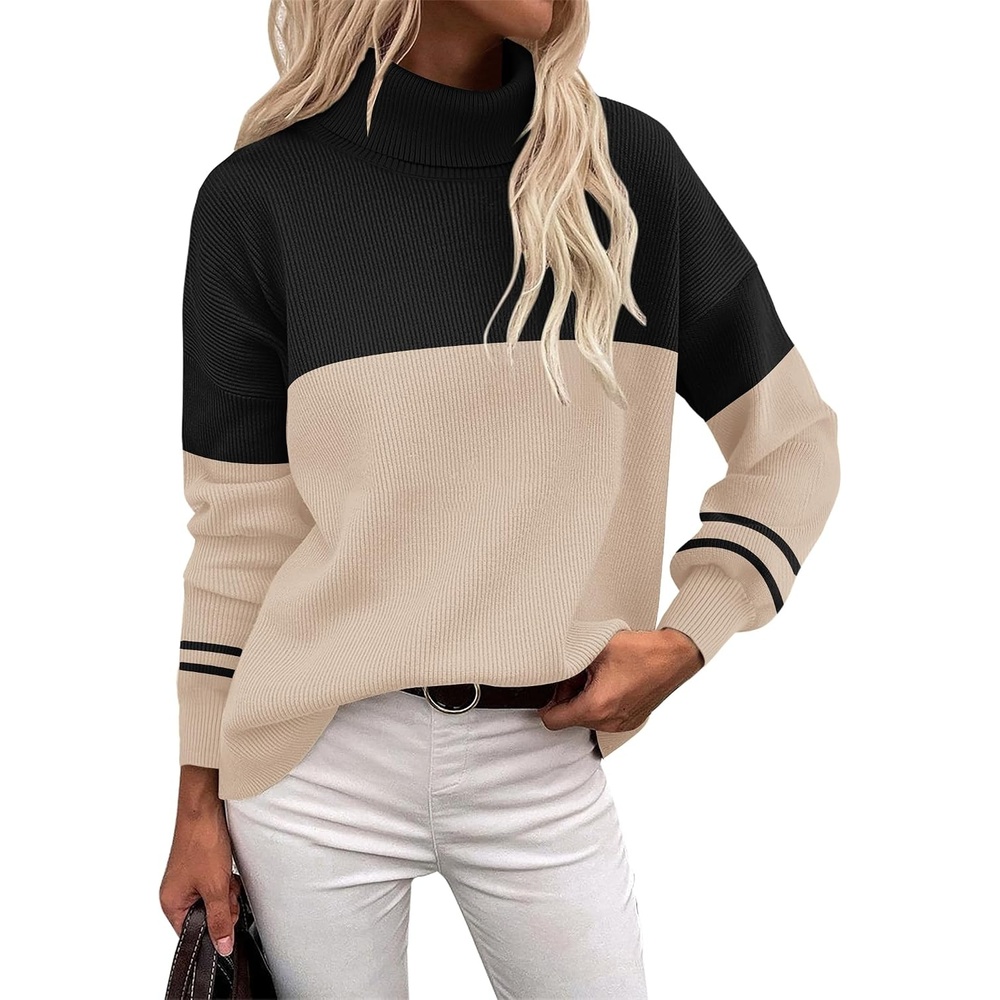 image:imageZeagoo Womens Turtleneck Sweater 2025 Fall Winter Chunky Knit Sweaters Casual Side Slit Pullover Jumper TopApricot Black Stripe