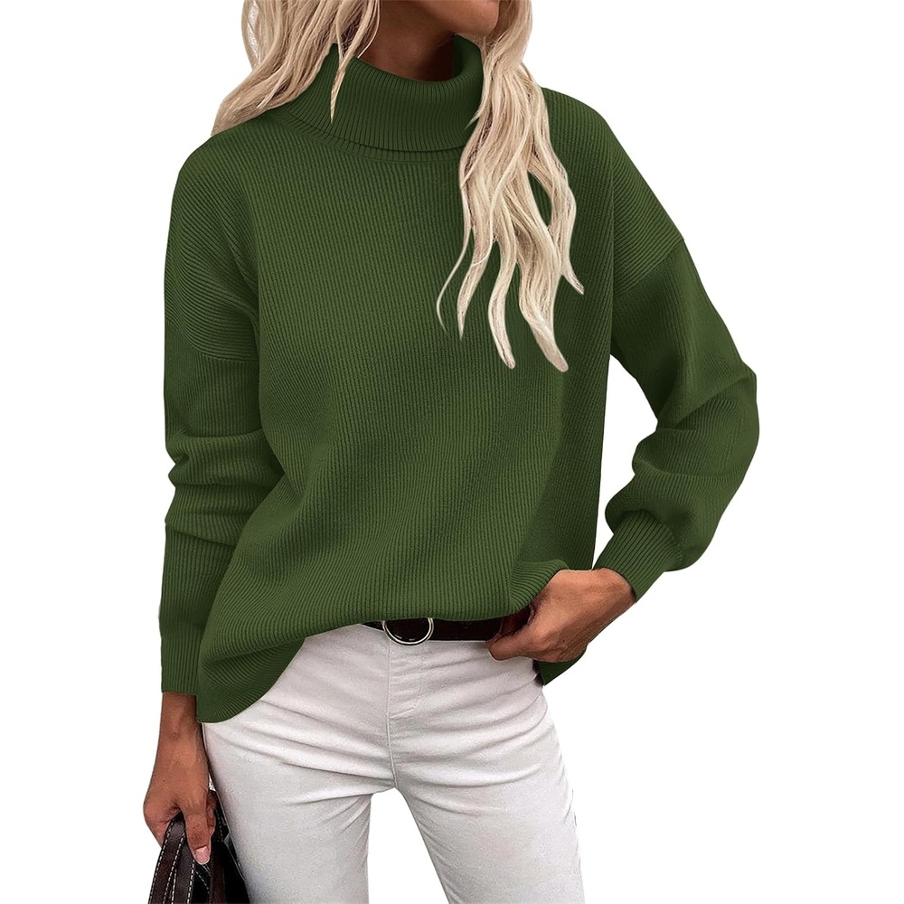 image:imageZeagoo Womens Turtleneck Sweater 2025 Fall Winter Chunky Knit Sweaters Casual Side Slit Pullover Jumper TopArmy Green