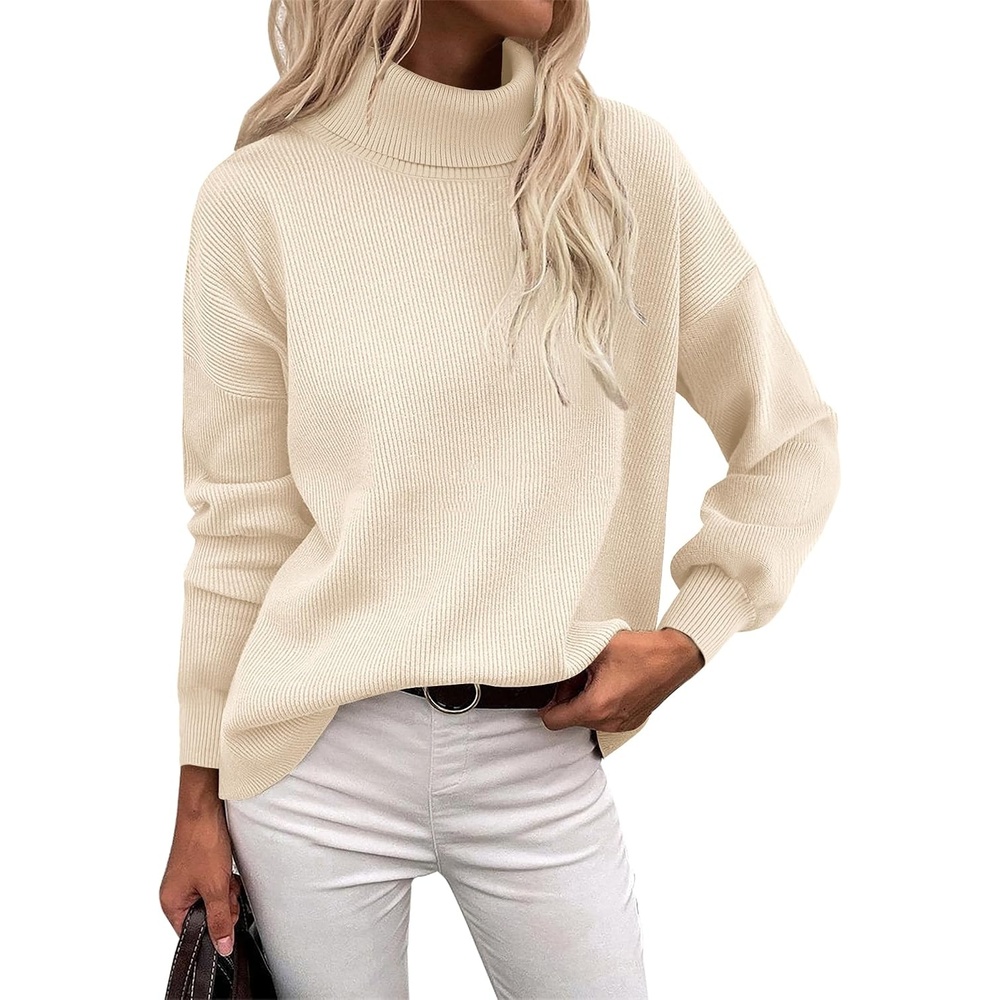 image:imageZeagoo Womens Turtleneck Sweater 2025 Fall Winter Chunky Knit Sweaters Casual Side Slit Pullover Jumper TopBeige
