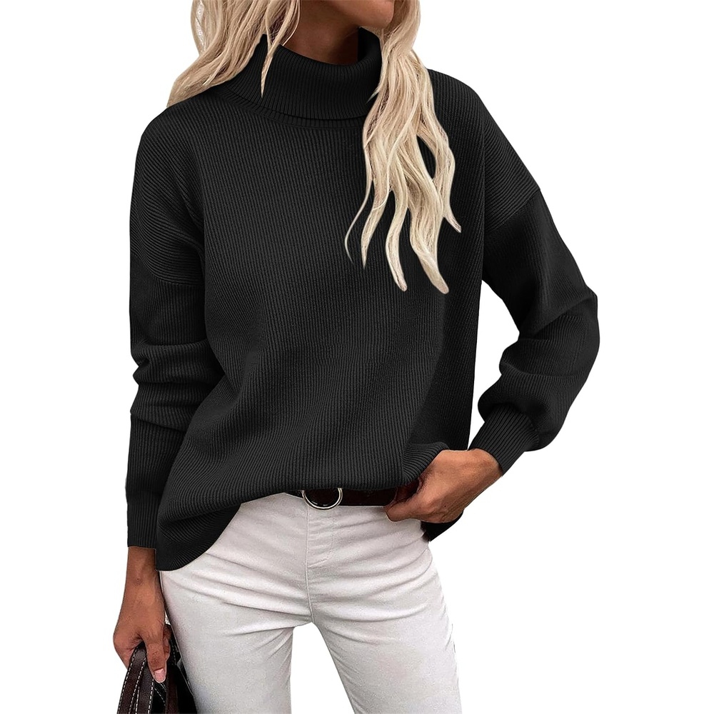 image:imageZeagoo Womens Turtleneck Sweater 2025 Fall Winter Chunky Knit Sweaters Casual Side Slit Pullover Jumper TopBlack