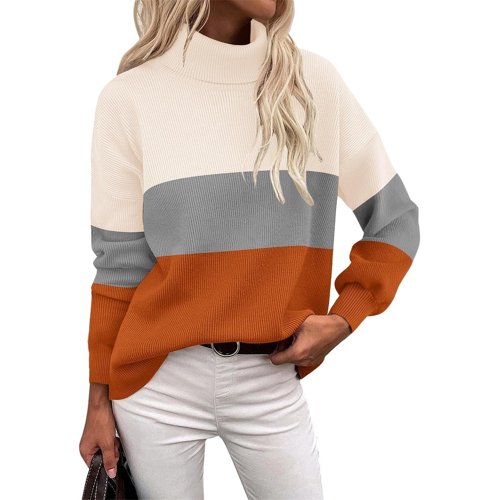 image:imageZeagoo Womens Turtleneck Sweater 2025 Fall Winter Chunky Knit Sweaters Casual Side Slit Pullover Jumper TopColorblock 278