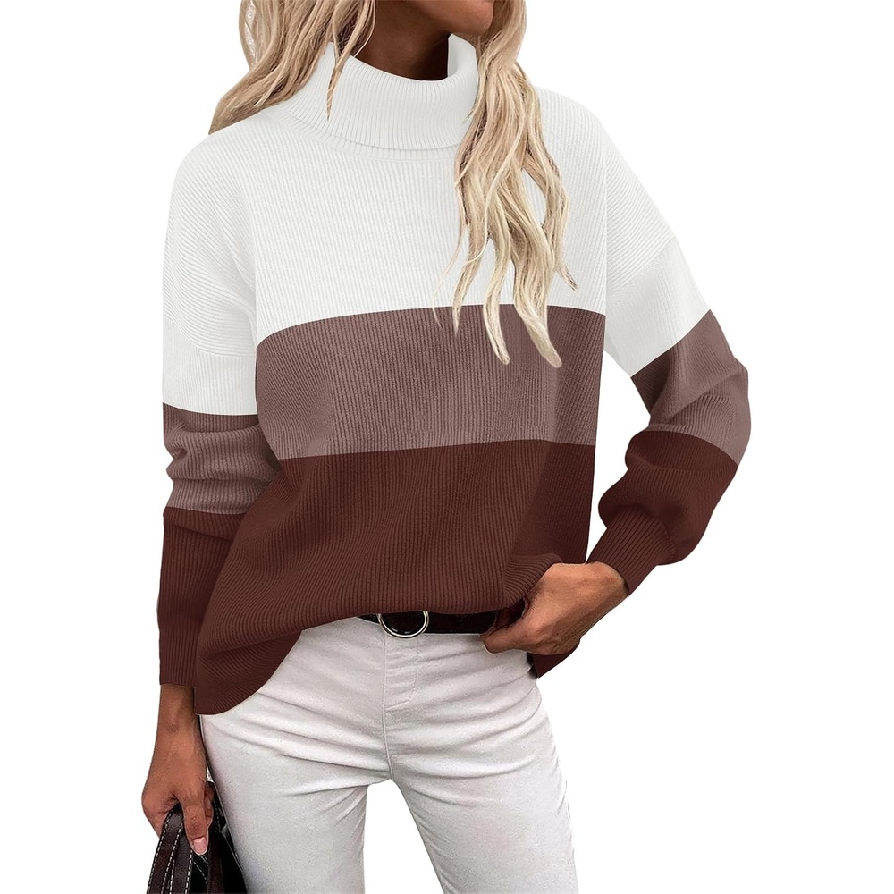 image:imageZeagoo Womens Turtleneck Sweater 2025 Fall Winter Chunky Knit Sweaters Casual Side Slit Pullover Jumper TopColorblock 284