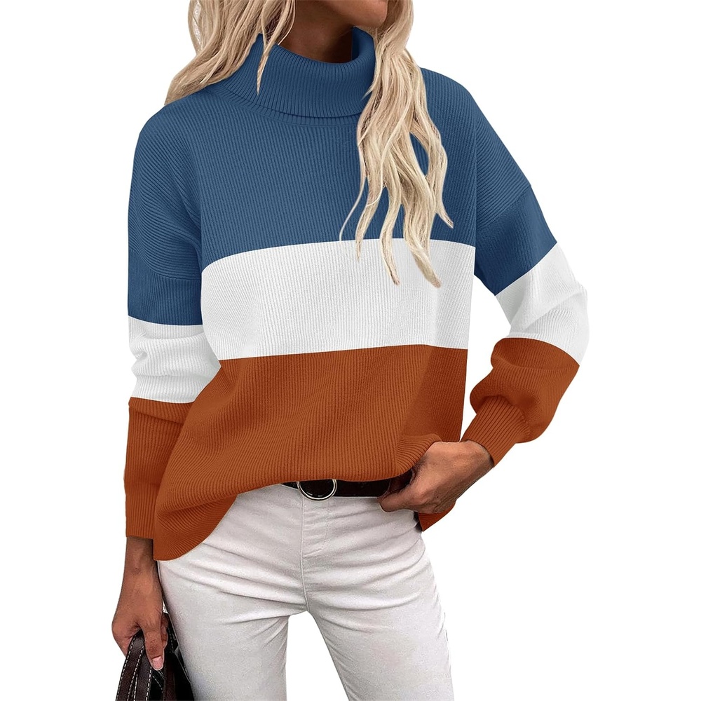 image:imageZeagoo Womens Turtleneck Sweater 2025 Fall Winter Chunky Knit Sweaters Casual Side Slit Pullover Jumper TopColorblock 458