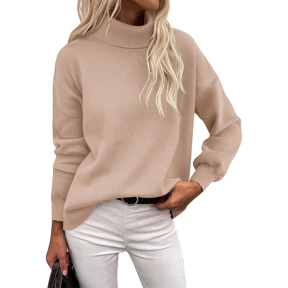 image:imageZeagoo Womens Turtleneck Sweater 2025 Fall Winter Chunky Knit Sweaters Casual Side Slit Pullover Jumper TopKhaki