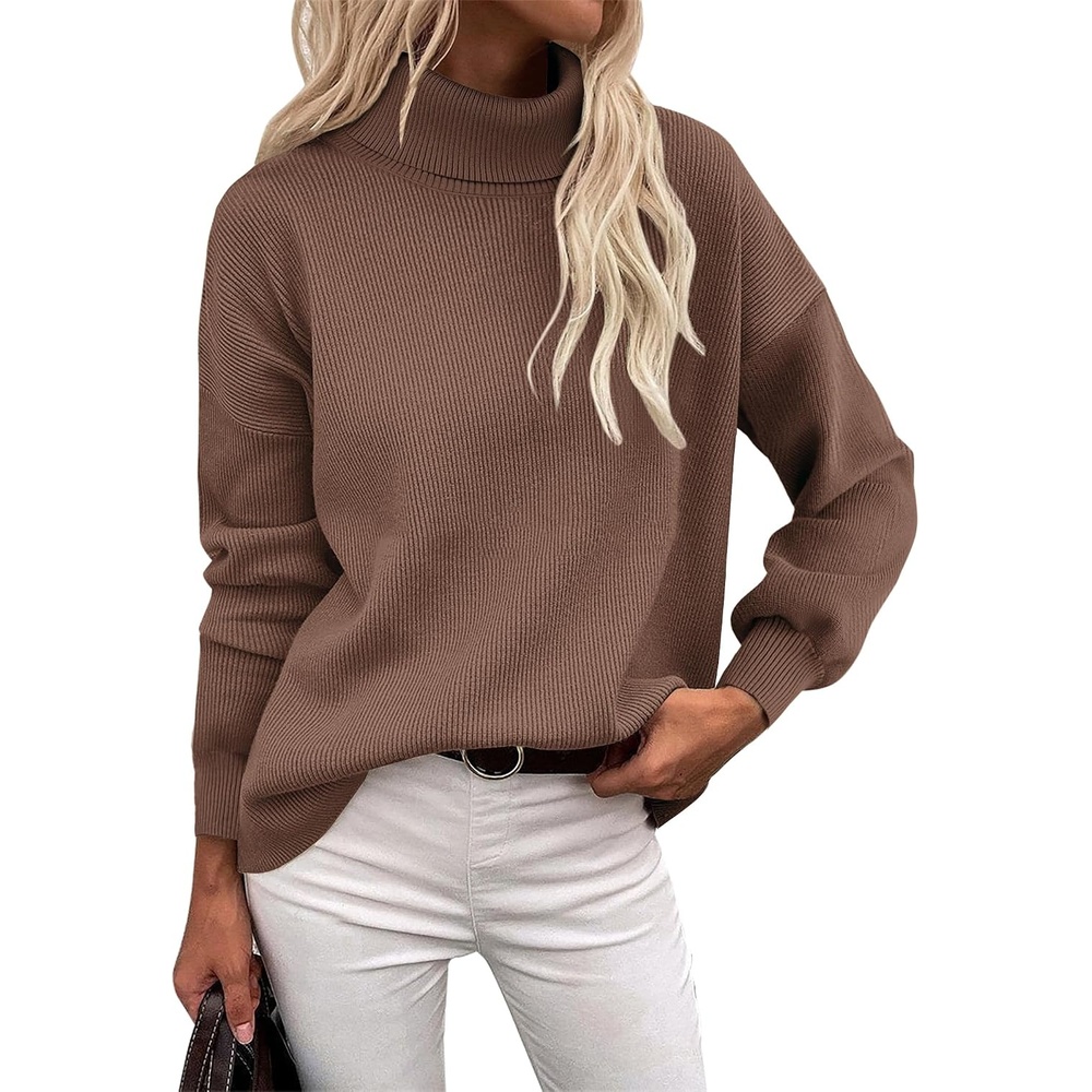 image:imageZeagoo Womens Turtleneck Sweater 2025 Fall Winter Chunky Knit Sweaters Casual Side Slit Pullover Jumper TopNutmeg