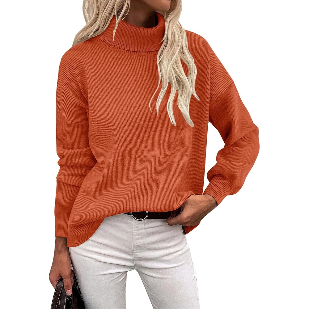 image:imageZeagoo Womens Turtleneck Sweater 2025 Fall Winter Chunky Knit Sweaters Casual Side Slit Pullover Jumper TopOrange