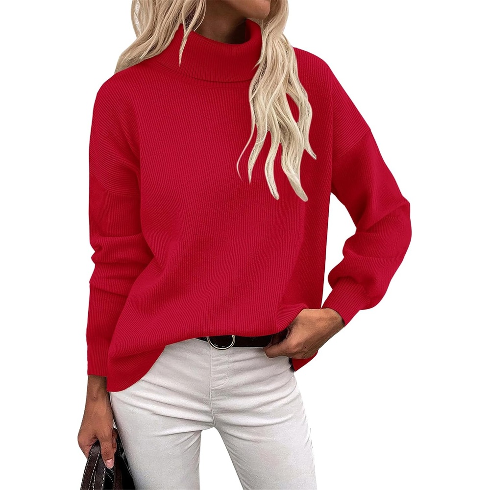 image:imageZeagoo Womens Turtleneck Sweater 2025 Fall Winter Chunky Knit Sweaters Casual Side Slit Pullover Jumper TopRed