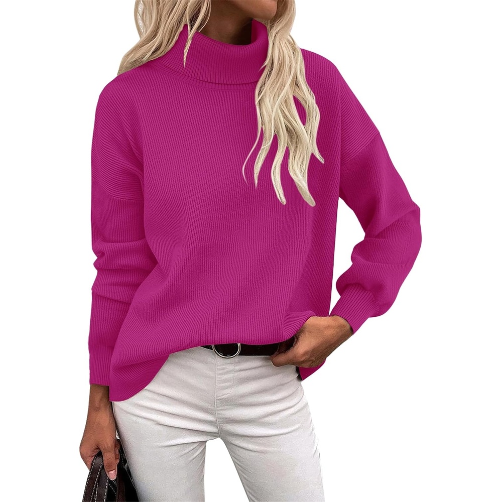 image:imageZeagoo Womens Turtleneck Sweater 2025 Fall Winter Chunky Knit Sweaters Casual Side Slit Pullover Jumper TopRose