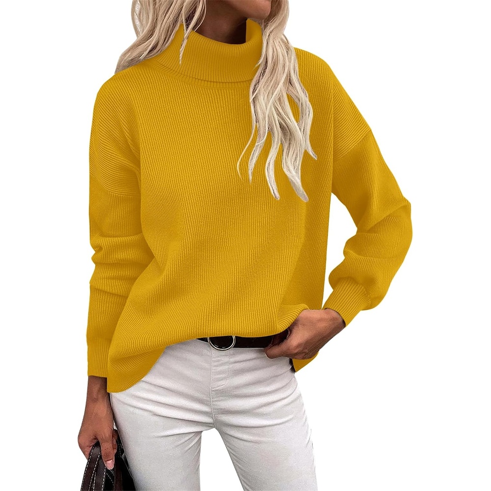 image:imageZeagoo Womens Turtleneck Sweater 2025 Fall Winter Chunky Knit Sweaters Casual Side Slit Pullover Jumper TopYellow
